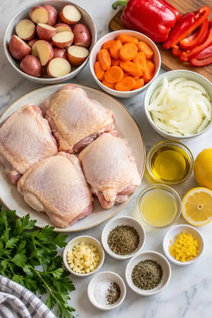 Sheet pan lemon herb chicken with golden roasted potatoes, carrots, red bell peppers, and onions arranged around juicy chicken thighs. Fresh parsley and lemon add vibrant color to this easy one pan chicken dinner.