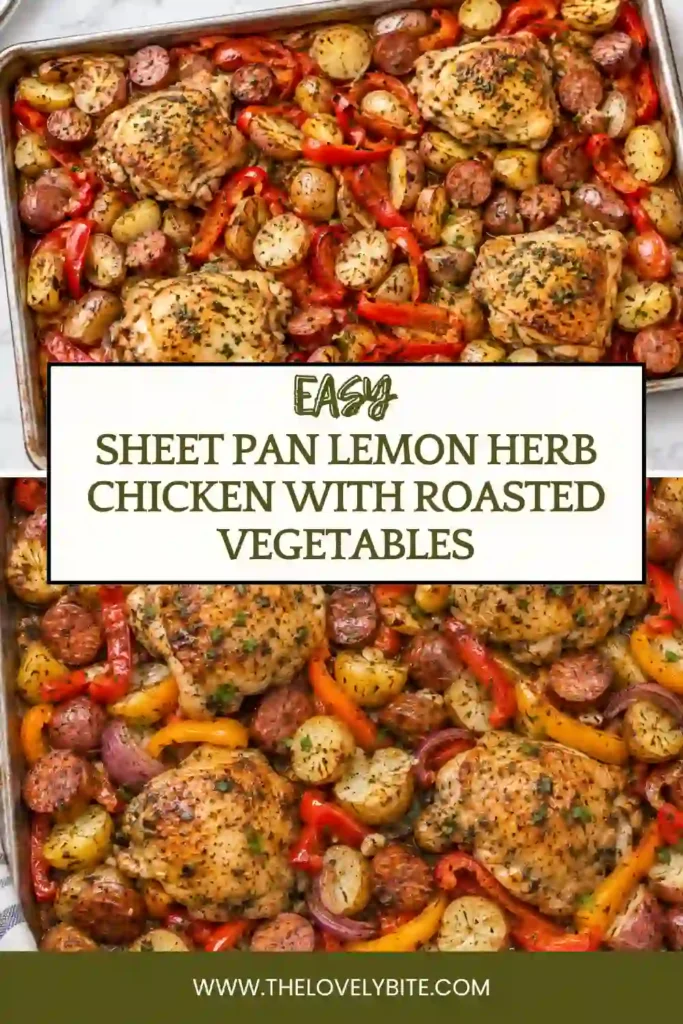 Chicken thighs and freshly chopped vegetables prepared for an easy sheet pan chicken recipe with lemon, garlic, and herbs. Baby potatoes, carrots, red bell peppers, and onions are ready to be coated in a flavorful lemon herb marinade.