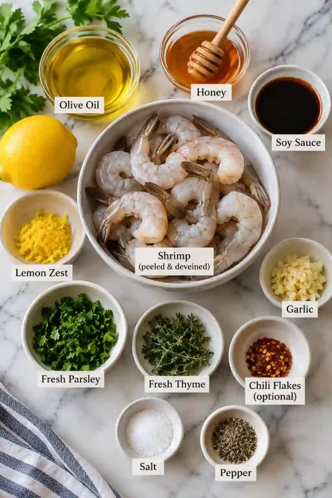 Juicy grilled shrimp coated in a flavorful shrimp marinade with honey, garlic, herbs, and soy sauce. The shrimp are pink, tender, and lightly charred around the edges.