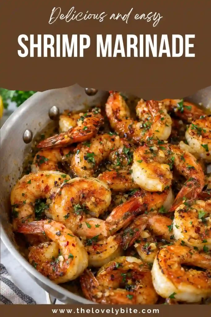 A plate of shrimp prepared with an easy shrimp marinade made from olive oil, honey, soy sauce, garlic, lemon zest, parsley, and thyme. The cooked shrimp look tender, glossy, and flavorful.