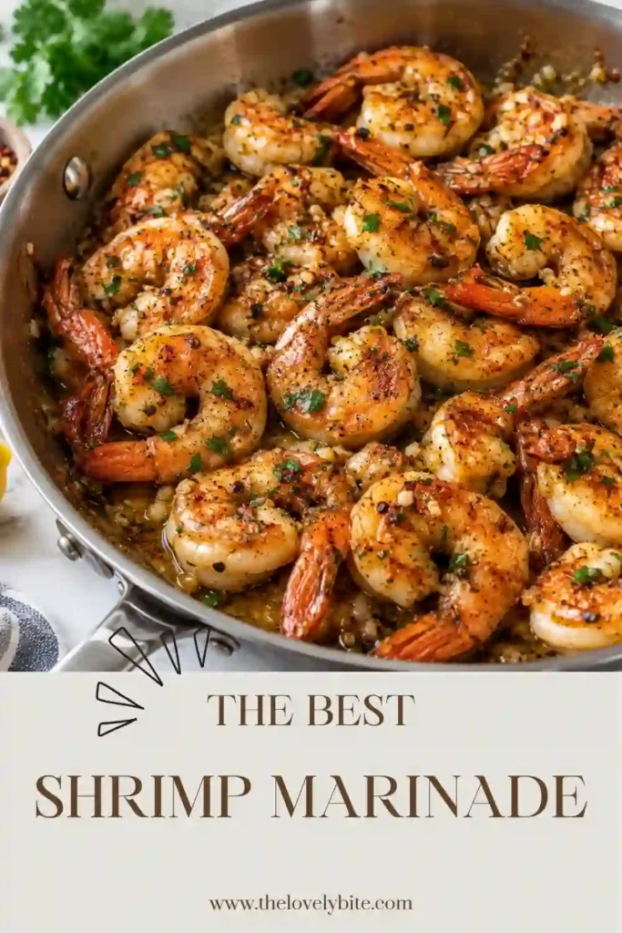 Honey garlic shrimp served after cooking in a sweet and savory marinade with olive oil, soy sauce, garlic, thyme, parsley, and lemon zest. The shrimp are glossy, pink, and ready to serve.