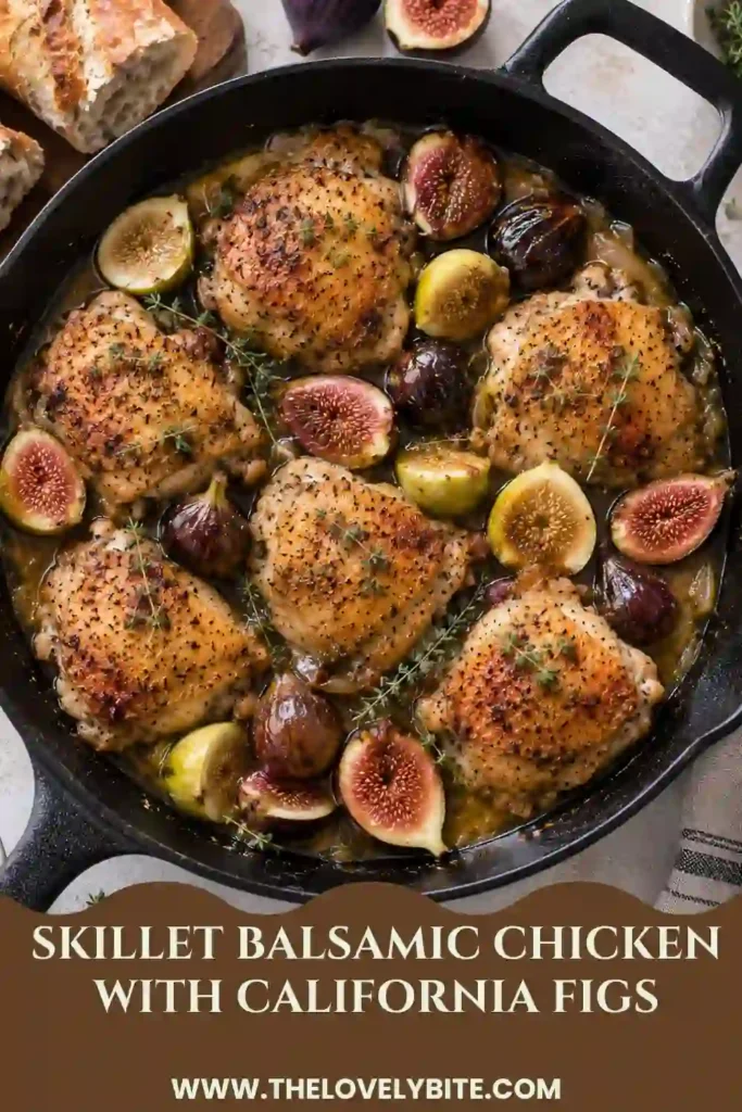 Balsamic chicken thighs cooked with halved California figs, shallots, garlic, and fresh thyme in an oven-safe skillet. The chicken has crisp golden skin and is coated in a dark, glossy sauce.