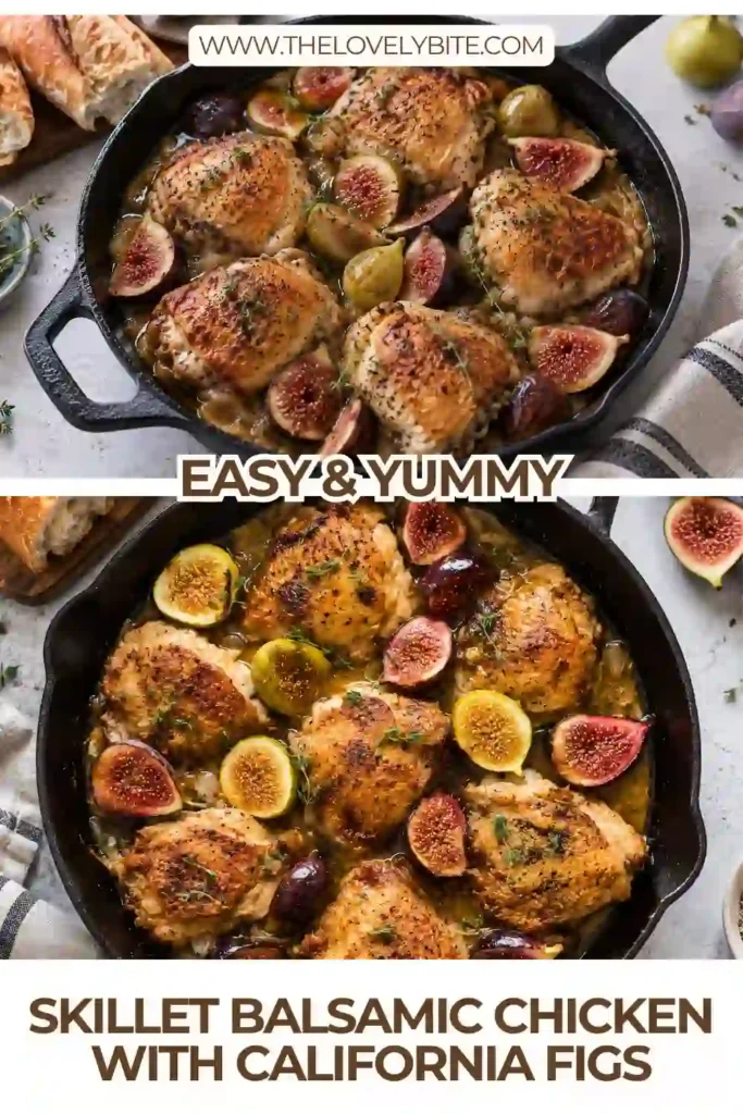 Easy skillet chicken served with fresh California figs in a sweet and tangy balsamic pan sauce. Golden chicken thighs are finished with fresh thyme and lemon.
