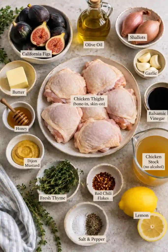 Skillet Balsamic Chicken with golden-brown chicken thighs and fresh California figs in a glossy balsamic sauce. The dish is finished with thyme and lemon for a bright, savory-sweet flavor.