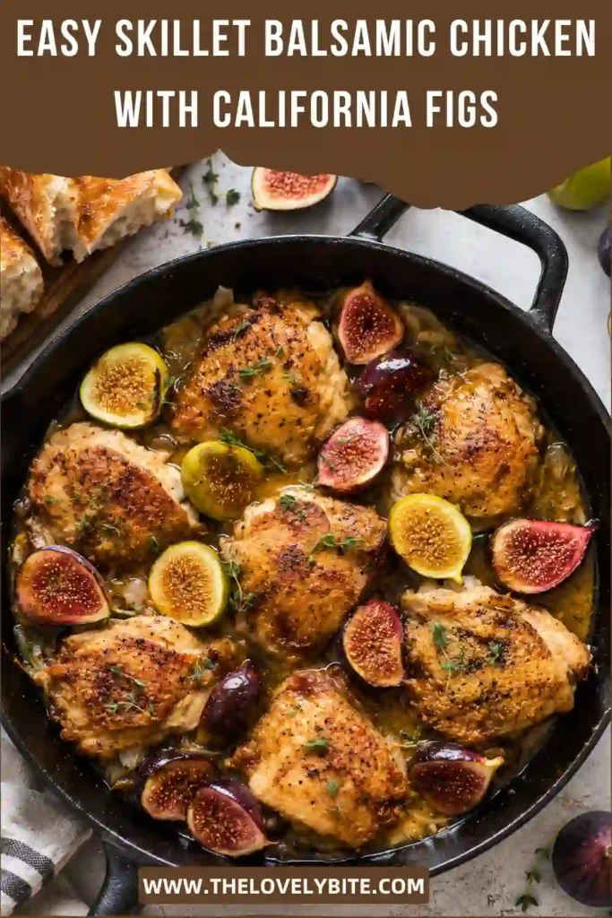 Chicken with fresh figs cooked in a skillet with balsamic vinegar, honey, Dijon mustard, garlic, and thyme. The tender chicken thighs have deeply browned skin and a flavorful pan sauce.
