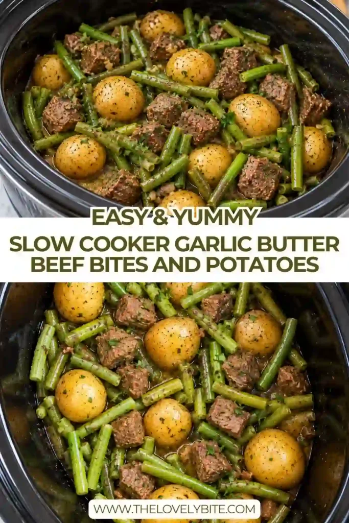 Slow Cooker Garlic Butter Beef Bites and Potatoes served with tender green beans in a savory garlic butter sauce. The beef is slow cooked until tender alongside buttery baby potatoes.