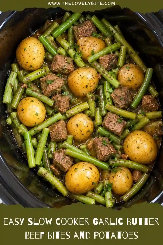 Tender garlic butter beef bites with golden baby potatoes and green beans fresh from the slow cooker. This hearty slow cooker beef and potatoes recipe makes a comforting family dinner.