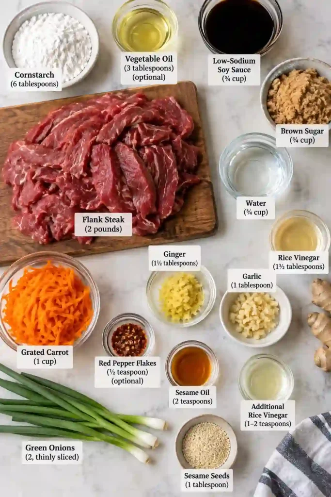 A bowl of tender Mongolian beef coated in a glossy brown sugar and soy sauce, garnished with sliced green onions and toasted sesame seeds. The rich garlic-ginger sauce gives the thinly sliced beef a delicious caramelized appearance.