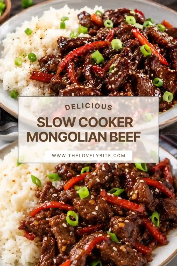 Tender slow cooker beef served over fluffy white rice with a generous coating of sweet and savory Mongolian sauce. Sliced green onions and sesame seeds finish this comforting beef and rice dinner.
