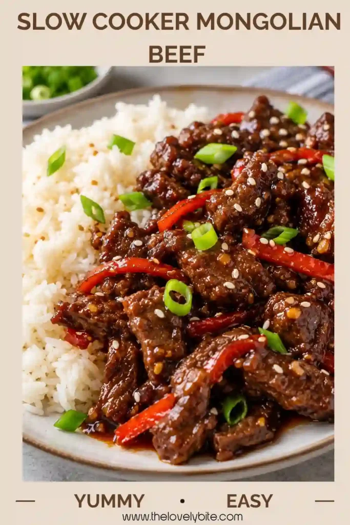 A serving of tender Mongolian beef with steamed broccoli and white rice, finished with green onions and sesame seeds. The glossy sweet soy sauce coats the beef for a colorful, family-friendly dinner.