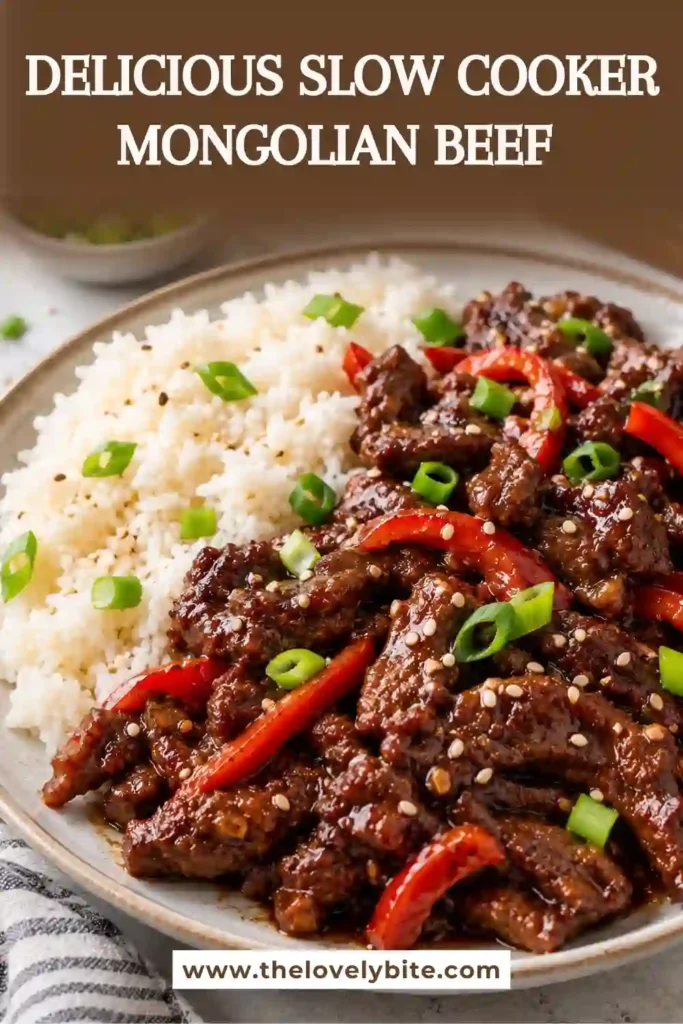 A close-up of thinly sliced Mongolian beef coated in a thick, glossy garlic-ginger sauce. Toasted sesame seeds and fresh green onions add texture and color to the tender beef.