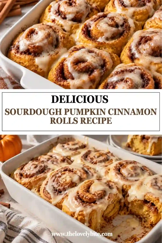 Freshly baked Sourdough Pumpkin Cinnamon Rolls covered with a smooth vanilla glaze in a baking dish. The golden pumpkin rolls feature swirls of brown sugar and warming pumpkin pie spice.