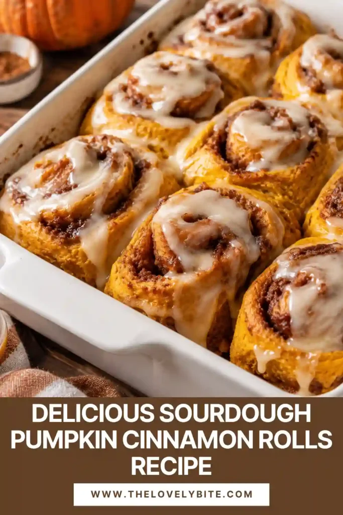 Warm sourdough discard cinnamon rolls with pumpkin dough, pumpkin pie spice, and sweet brown sugar swirls. A simple vanilla glaze melts over the freshly baked rolls.