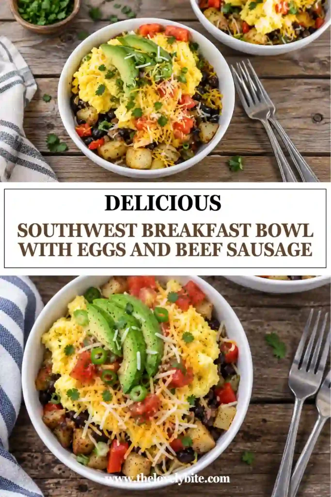 Close-up of a Southwest breakfast bowl featuring fluffy cheddar scrambled eggs, crispy potato cubes, and seasoned beef sausage. Black beans and colorful bell peppers add texture to this hearty breakfast recipe.