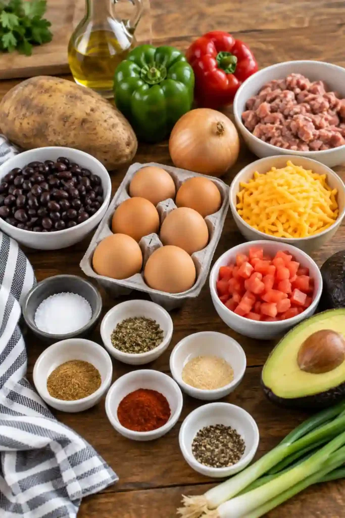 A Southwest breakfast bowl filled with cheesy scrambled eggs, golden potatoes, seasoned beef sausage, and black beans. Fresh avocado, chopped tomatoes, and green onions add color and freshness.
