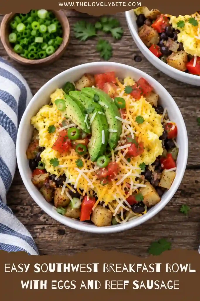 A colorful Southwest breakfast bowl topped with fresh avocado slices, chopped tomatoes, and green onions. Cheesy scrambled eggs, black beans, and sautéed peppers create a satisfying breakfast with fresh Southwestern flavors.