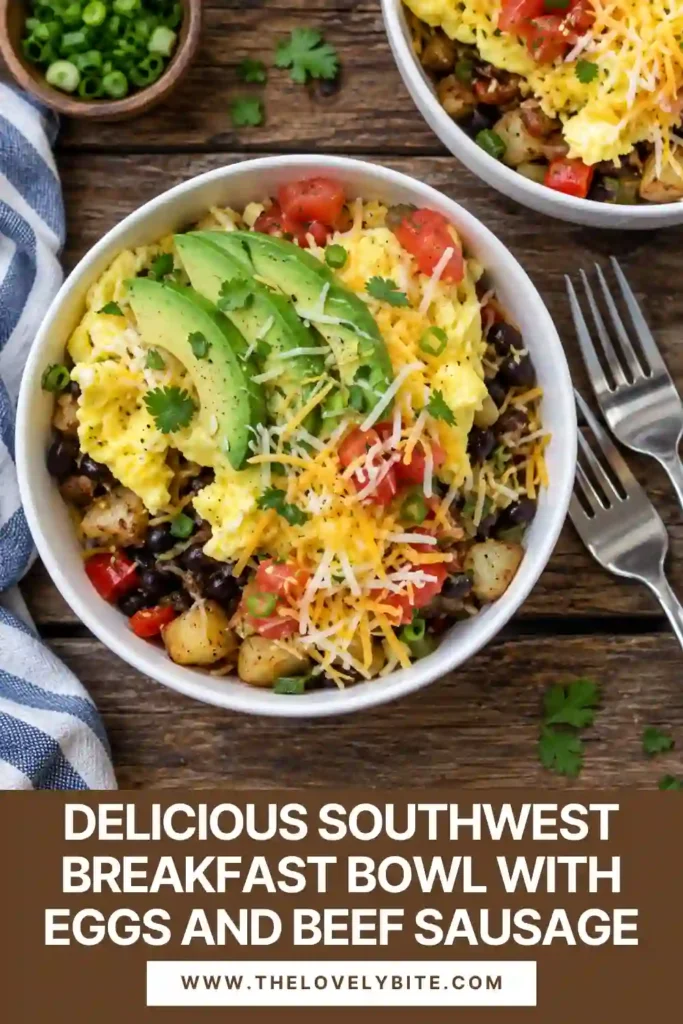 Southwest breakfast bowl meal prep containers filled with scrambled eggs, seasoned potatoes, beef sausage, and black beans. Fresh avocado and tomato toppings are kept separate for serving.