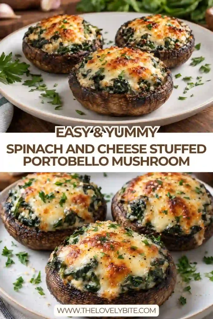 Spinach and Cheese Stuffed Portobello Mushroom caps filled with creamy ricotta and wilted spinach. Golden mozzarella melts over the top for a delicious vegetarian dinner.