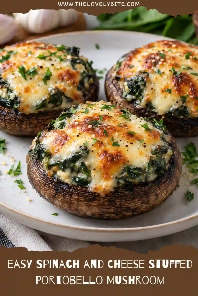Four stuffed portobello mushrooms filled with spinach, ricotta, and Parmesan cheese. The mushrooms are baked until tender and topped with golden melted mozzarella.