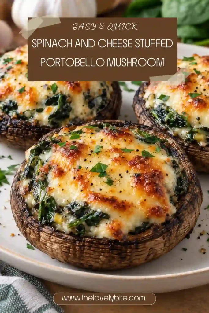 Baked spinach and cheese stuffed portobello mushrooms arranged on a parchment-lined baking sheet. The cheesy filling is creamy and topped with bubbling mozzarella.