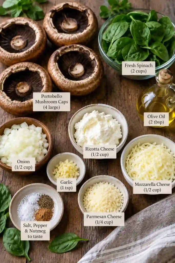 Close-up of a spinach and cheese stuffed portobello mushroom with creamy ricotta filling and melted mozzarella. Fresh spinach and savory Parmesan give the vegetarian dish rich flavor.