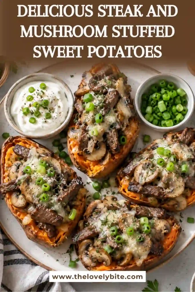 Steak and Mushroom Stuffed Sweet Potatoes filled with tender sliced beef, browned mushrooms, green onions, and creamy Parmesan sauce. The baked sweet potato halves are topped with melted golden cheese.