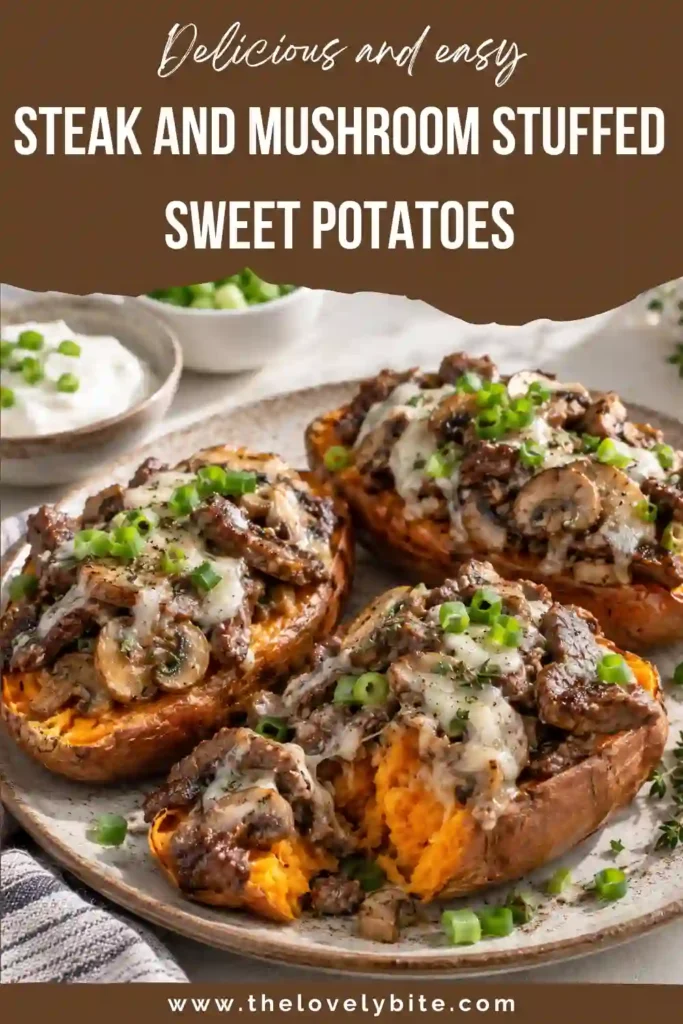 Four baked sweet potato halves filled with a savory beef and mushroom mixture and topped with melted Parmesan cheese. Fresh green onions add color to the hearty steak stuffed sweet potatoes.