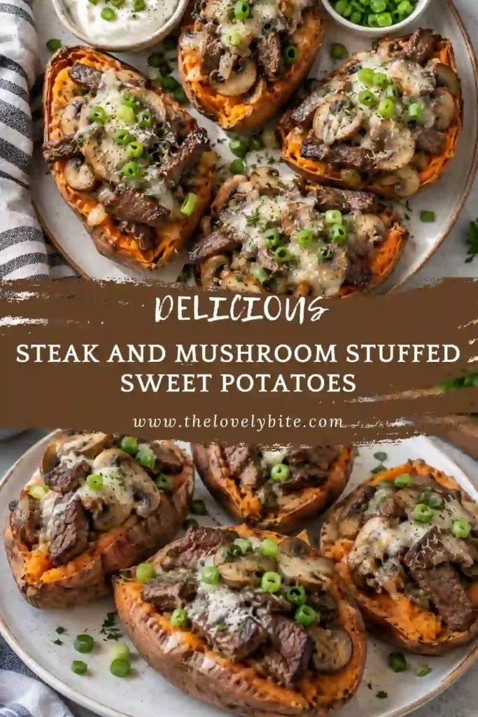 A close-up of steak and mushroom stuffed sweet potatoes with tender beef, sautéed mushrooms, and creamy sauce piled inside baked sweet potatoes. Parmesan cheese melts over the savory filling.
