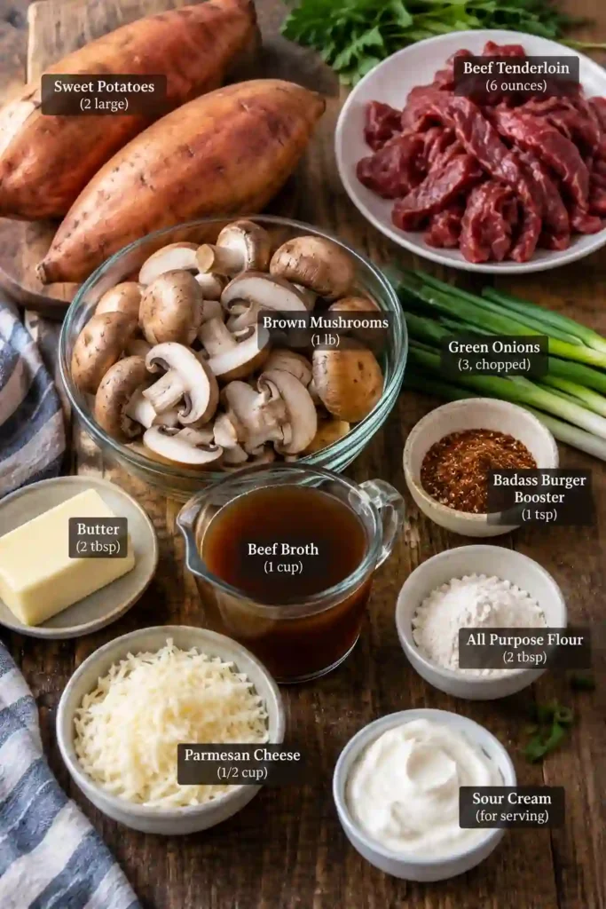 Loaded stuffed sweet potatoes topped with beef, mushrooms, green onions, and melted Parmesan. The hearty filling sits inside tender oven-baked sweet potato halves.