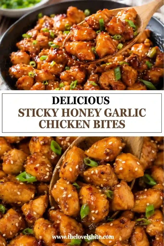 A close-up of honey garlic chicken bites coated in a thick, sticky sauce and garnished with sesame seeds and green onions. The chicken has crisp golden edges and a tender center.
