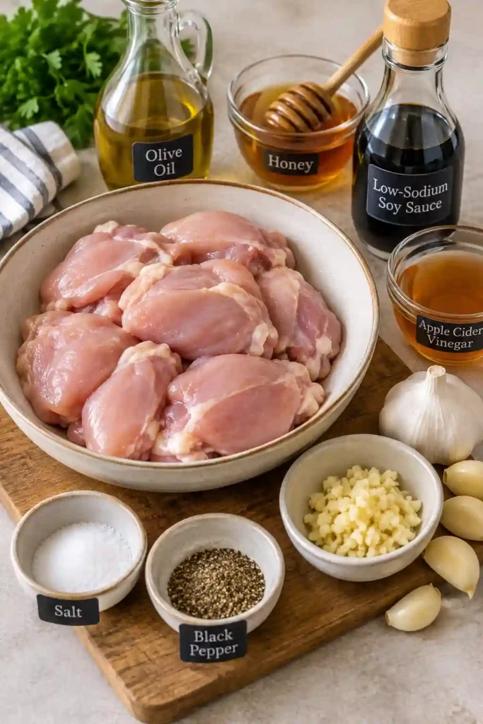 Juicy honey garlic chicken thighs coated in a thick, glossy honey garlic sauce with golden caramelized edges. The tender chicken is covered in a sweet and savory garlic glaze.