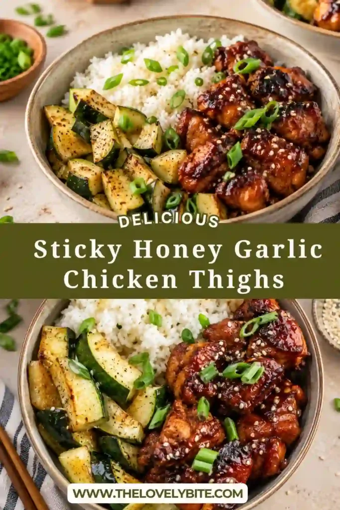 Sticky honey garlic chicken thighs served over fluffy white rice with a generous spoonful of savory garlic sauce. The glazed chicken creates a comforting and flavorful weeknight dinner.
