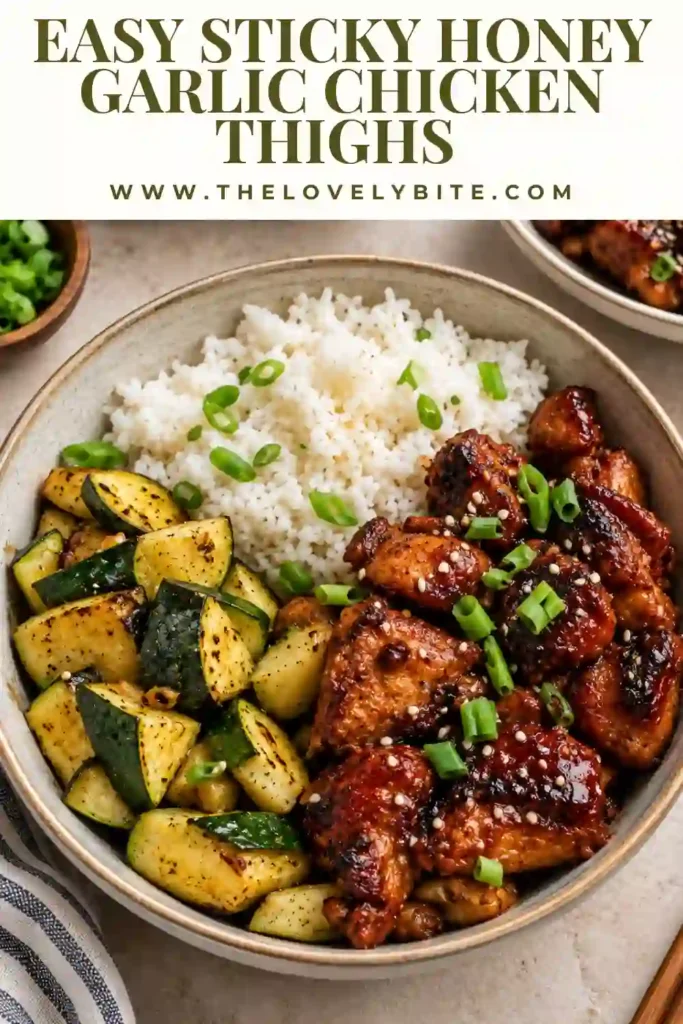 Golden honey garlic chicken thighs served with steamed vegetables and rice for a balanced family dinner. The tender chicken is coated in a sticky honey garlic glaze with a rich, savory finish.