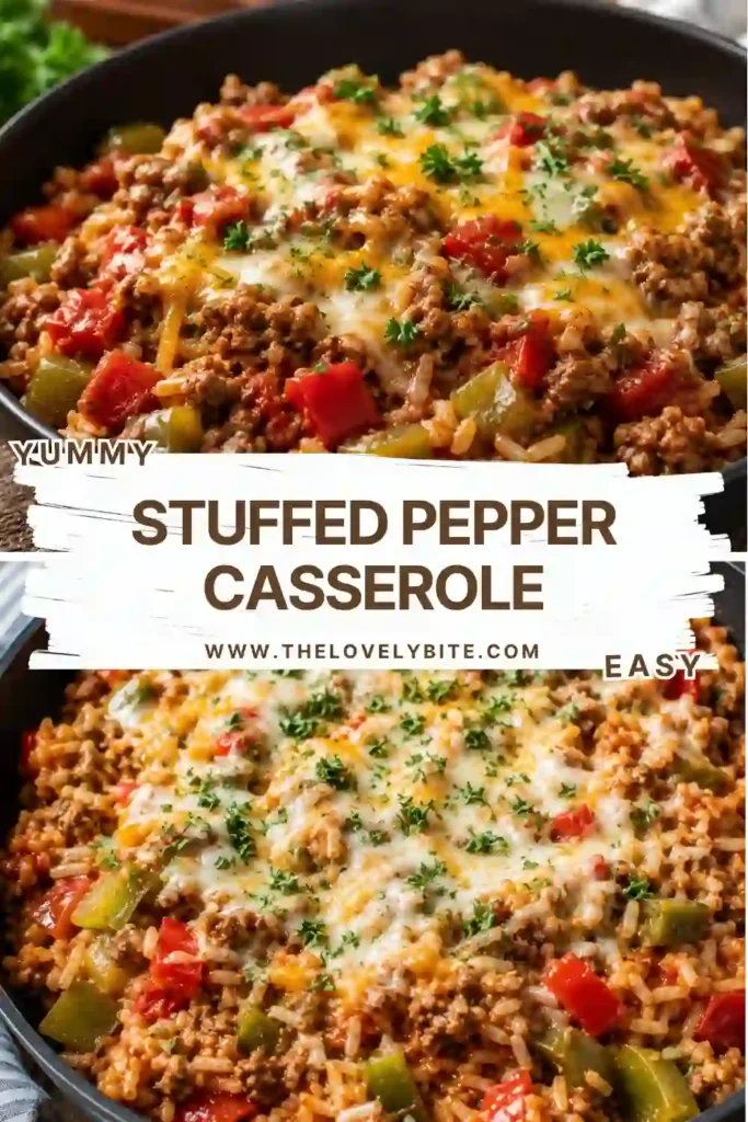 Cheesy Stuffed Pepper Casserole served warm in a skillet with ground beef, diced peppers, tomatoes, and fluffy rice. The colorful vegetables and melted cheese create an inviting weeknight dinner.