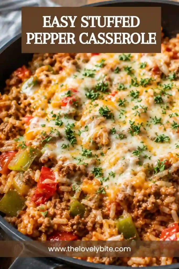 A hearty ground beef and rice casserole topped with melted cheese and colorful bell peppers. The tomato-rich mixture has the comforting flavors of classic stuffed peppers.