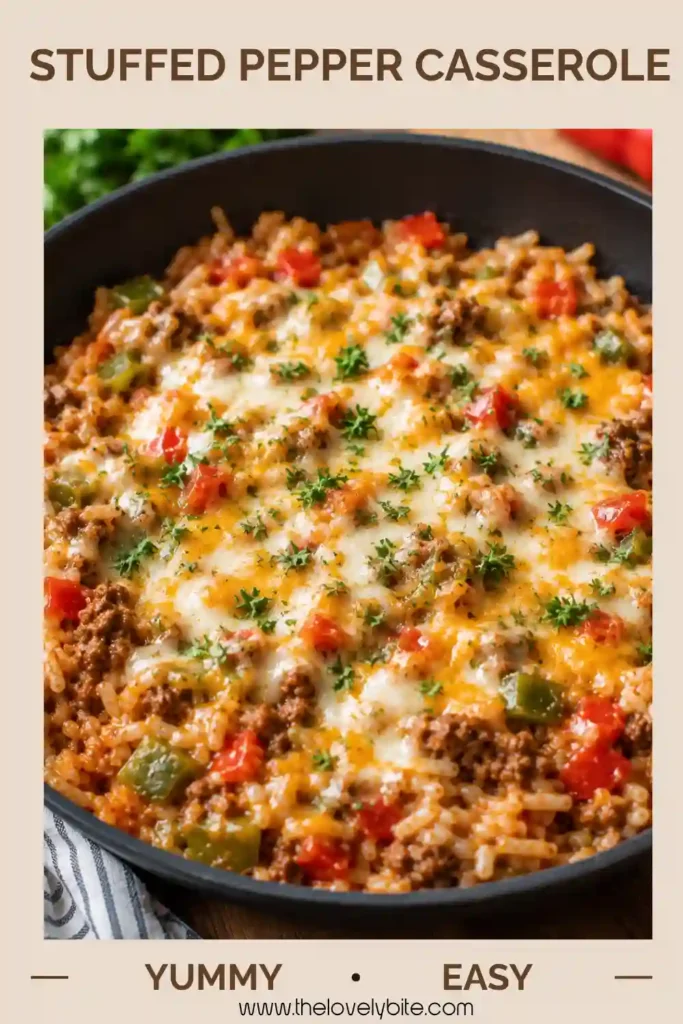 Easy Stuffed Pepper Casserole made with tender rice, seasoned meat, bell peppers, tomatoes, and melted mozzarella. The warm skillet dish is colorful, cheesy, and family-friendly.