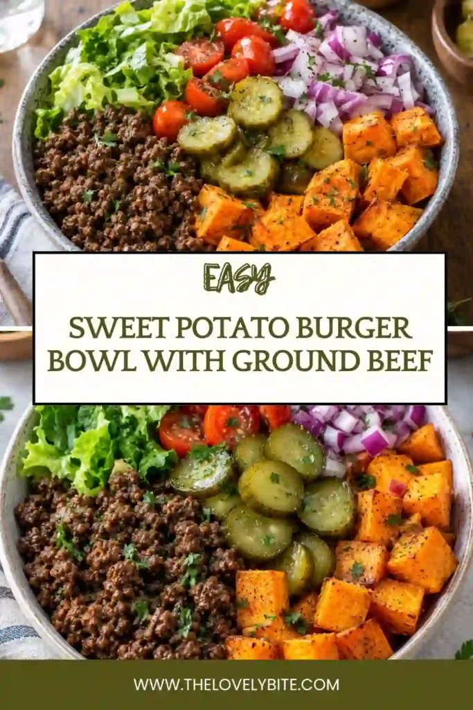 A healthy burger bowl featuring golden roasted sweet potatoes and savory ground beef surrounded by crisp lettuce and fresh vegetables. Pickles, diced tomatoes, and red onion add bright color and texture.