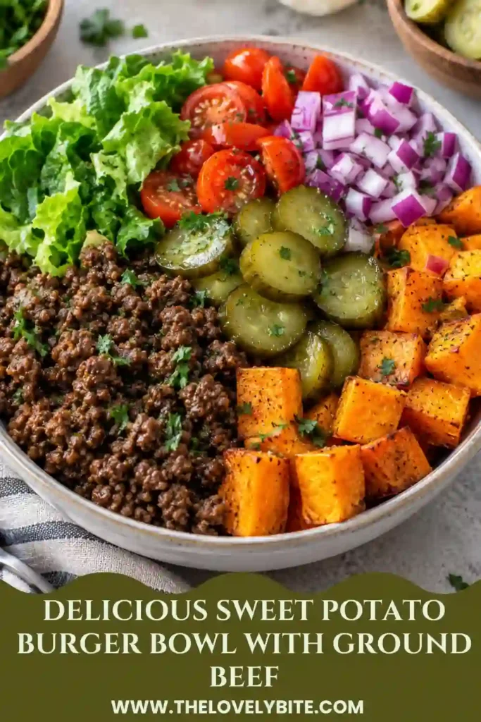 Roasted sweet potatoes and seasoned lean ground beef arranged over shredded lettuce in an easy sweet potato bowl. Fresh tomatoes, red onion, and pickles complete this hearty burger-inspired dinner.