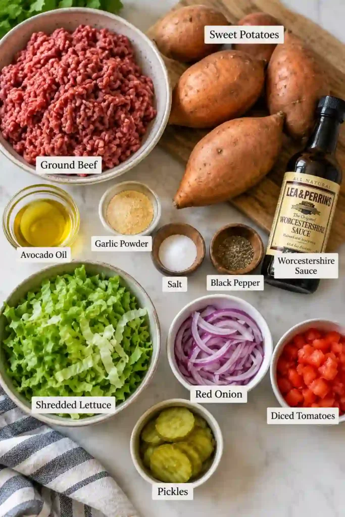 A sweet potato burger bowl filled with roasted sweet potato cubes, seasoned ground beef, shredded lettuce, tomatoes, red onion, and pickles. The colorful ground beef bowl is served in a bowl with fresh burger-inspired toppings.