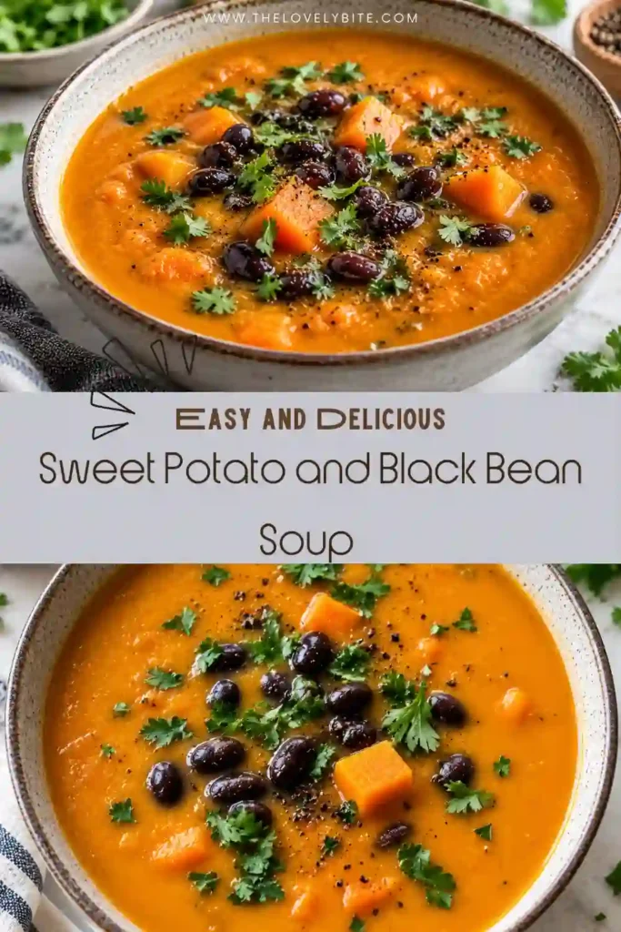 Creamy Sweet Potato and Black Bean Soup made with roasted sweet potatoes, black beans, vegetable broth, cumin, and smoked paprika. The finished soup has a rich orange color and hearty texture.