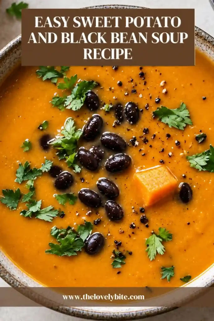 A bowl of healthy sweet potato soup with black beans and fresh herbs on top. Roasted sweet potatoes create a creamy texture while cumin and smoked paprika add warm flavor.