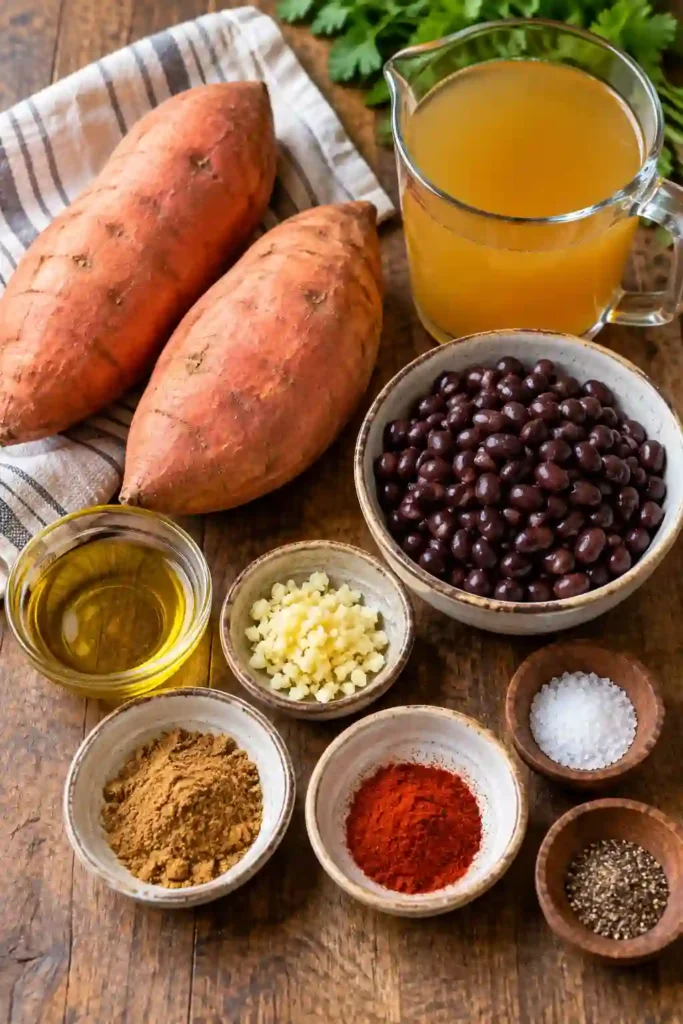 Sweet Potato and Black Bean Soup served warm in a bowl with a creamy orange texture and visible black beans. This hearty vegan sweet potato soup combines roasted vegetables with smoky spices.