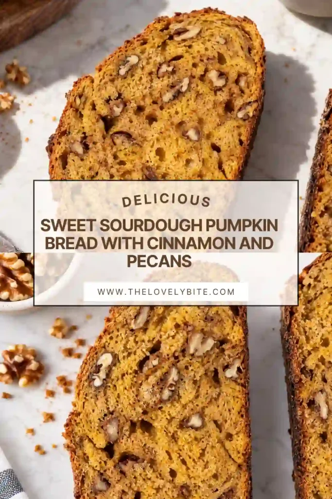 Freshly baked Sweet Sourdough Pumpkin Bread made with roasted pumpkin, maple syrup, cinnamon, and pecans. The rustic sourdough loaf has a crisp golden crust and soft, flavorful center.