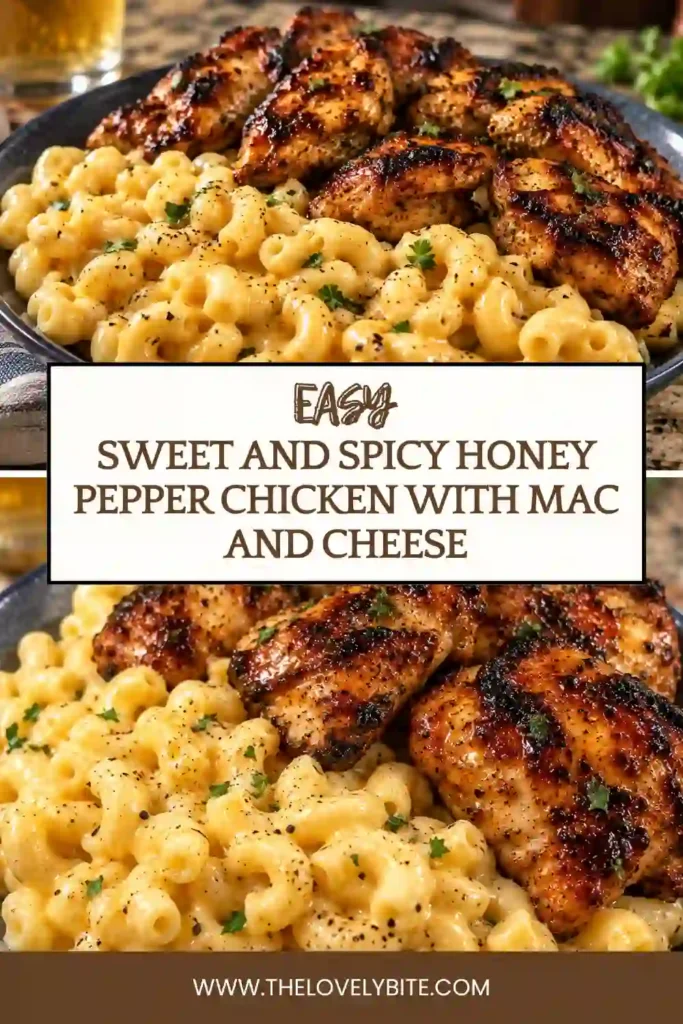 Sweet and Spicy Honey Pepper Chicken served over creamy homemade mac and cheese. Tender glazed chicken is coated in a sticky honey pepper sauce and finished with fresh parsley.
