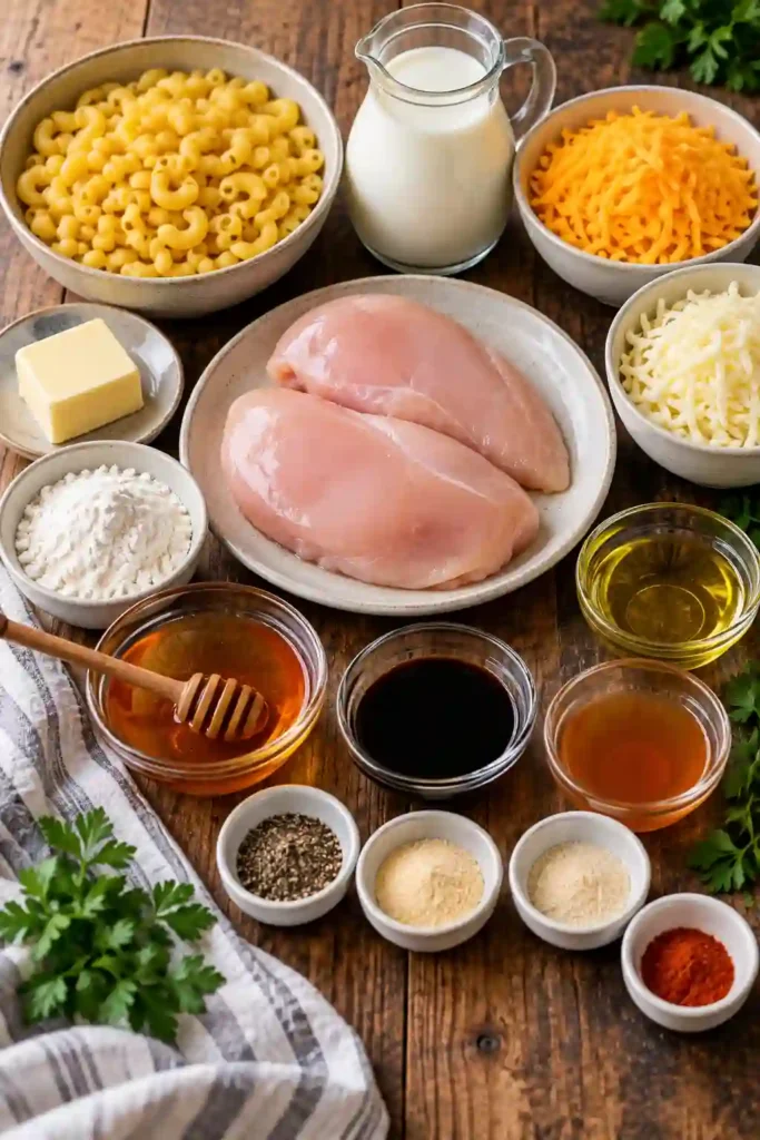 Homemade chicken mac and cheese featuring tender honey pepper chicken and creamy cheesy macaroni. The sweet and savory chicken glaze adds a warm peppery finish.