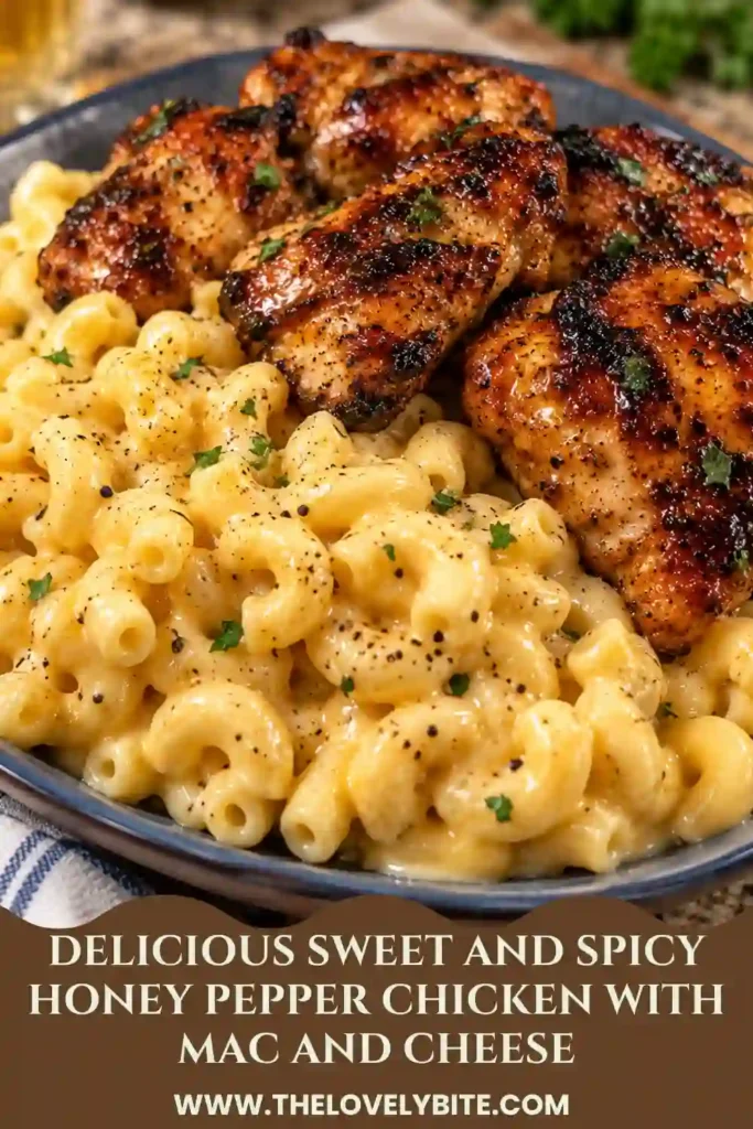 Honey pepper chicken sliced and served with creamy cheddar and mozzarella macaroni cheese. The sweet and spicy chicken has a glossy honey sauce with black pepper and cayenne.