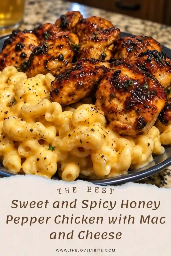Creamy mac and cheese topped with Sweet and Spicy Honey Pepper Chicken and chopped parsley. The golden chicken is covered with a rich, sticky honey pepper glaze.