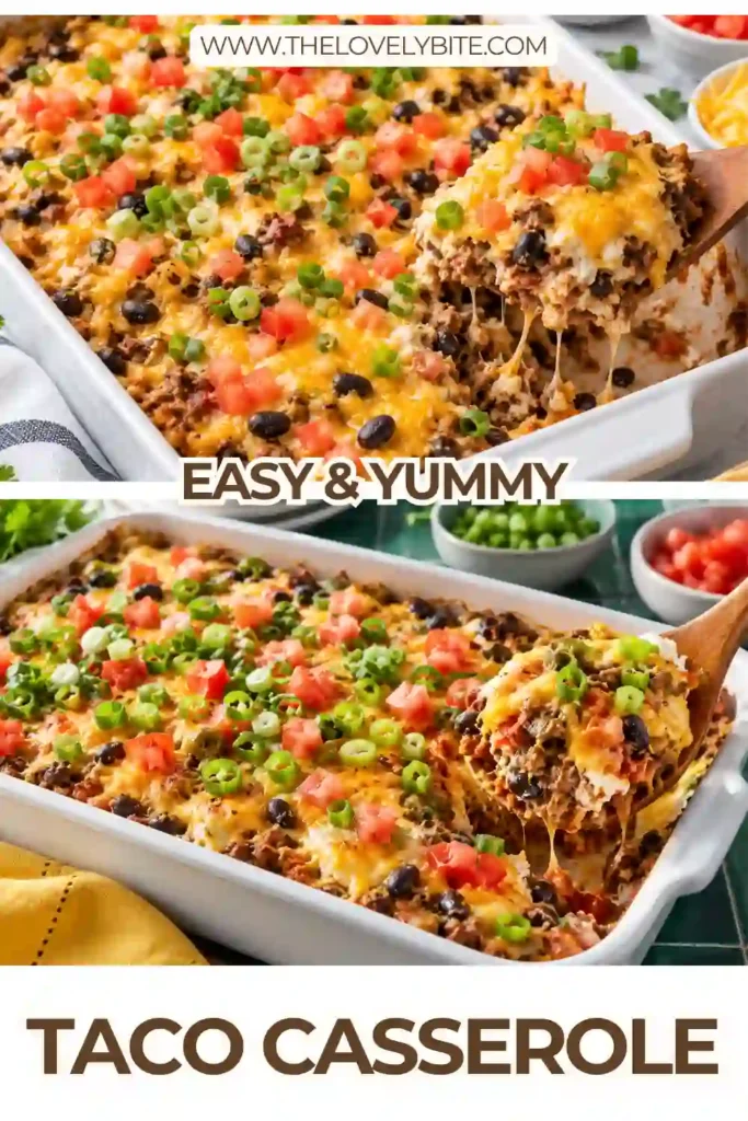 Easy taco casserole with layers of ground beef, chili beans, crushed tortilla chips, sour cream, and golden melted cheese. The finished casserole is topped with fresh tomato, green onions, and black olives.