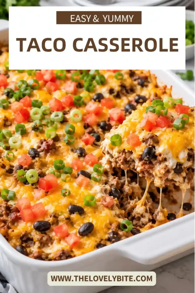 Taco Casserole baked with seasoned ground beef, salsa, beans, tortilla chips, sour cream, and melted Cheddar cheese. Fresh tomato and green onion add color to this easy family dinner.