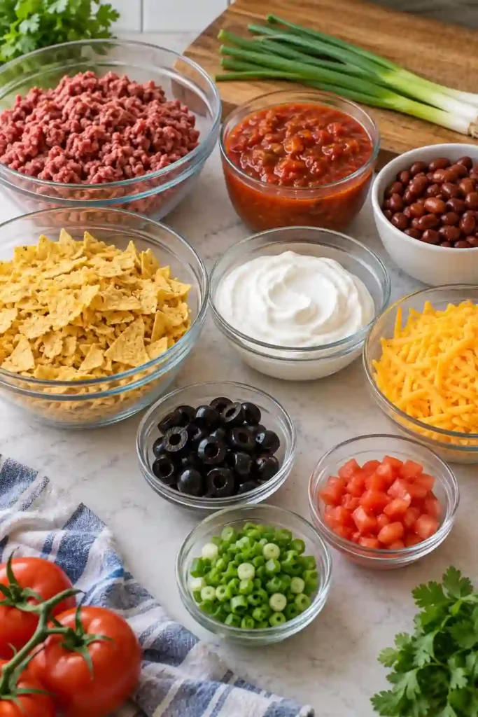 Taco casserole with tortilla chips, savory beef, salsa, chili beans, sour cream, black olives, tomatoes, and melted cheese. This Mexican-inspired casserole is baked until hot and bubbly.
